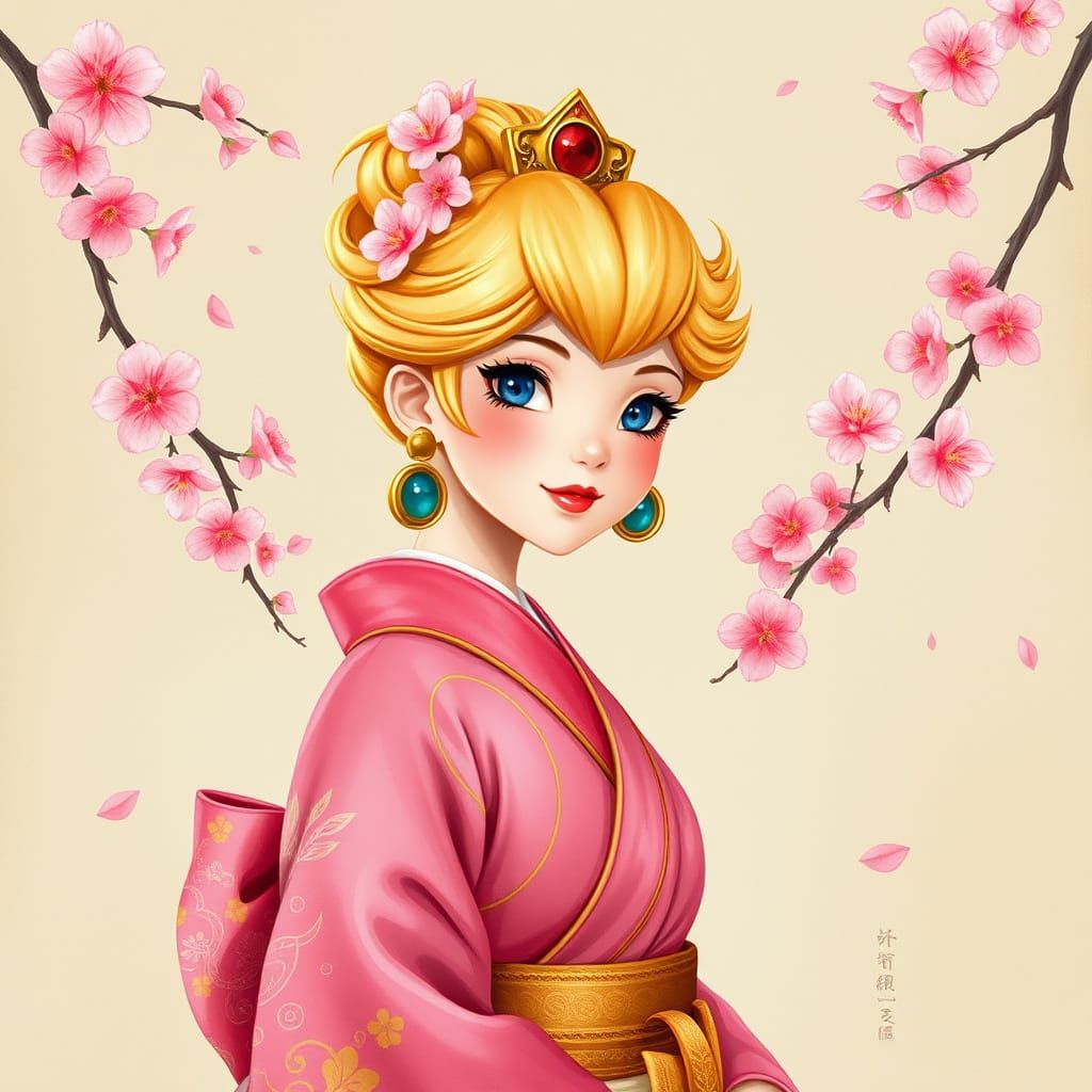 Princess Peach in Traditional Japanese Kimono