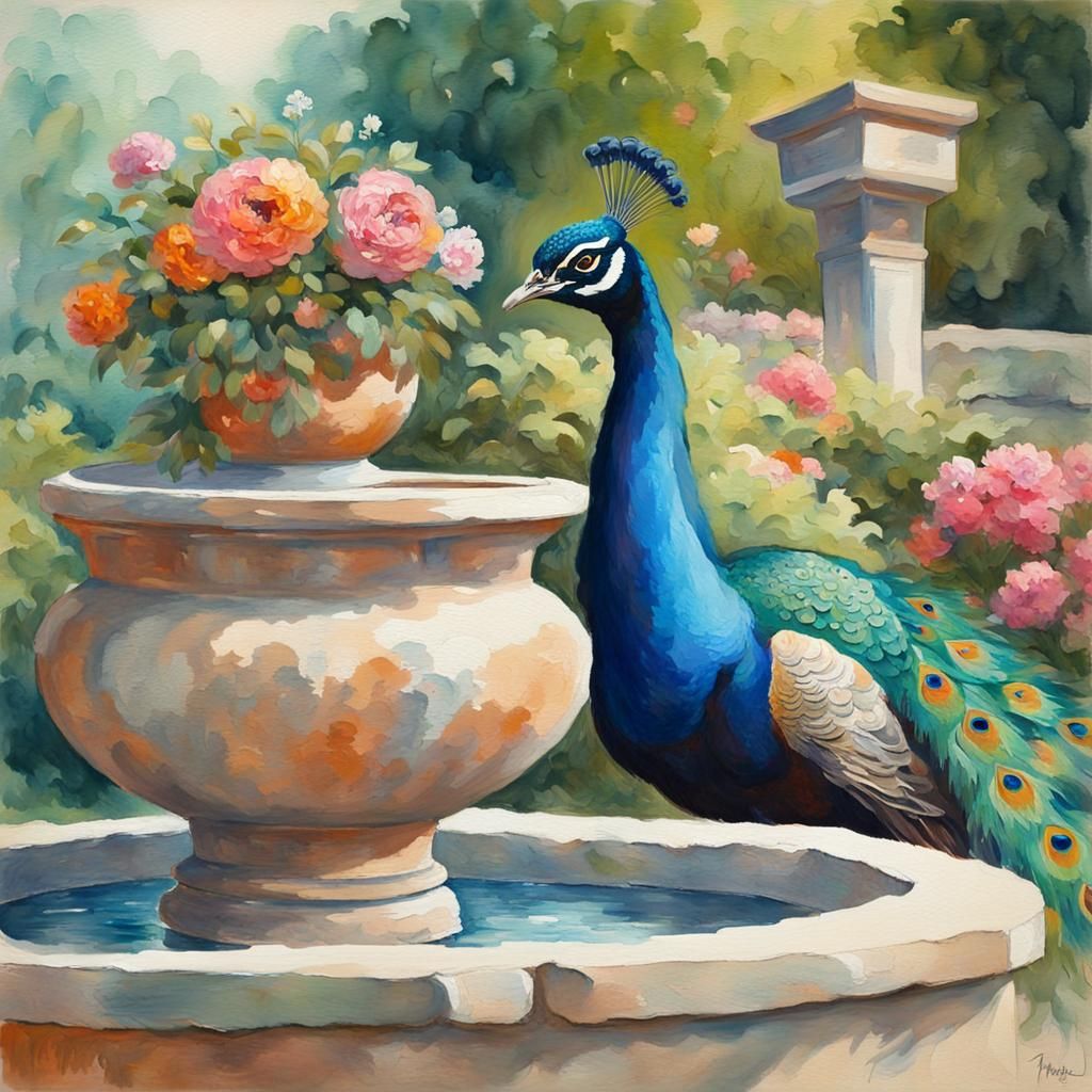 Peacock in Oriental Garden: Gouache Watercolor Style