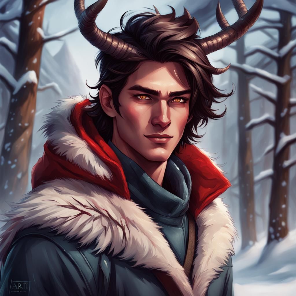 Handsome Tiefling Teen in Winter Fur Clothing