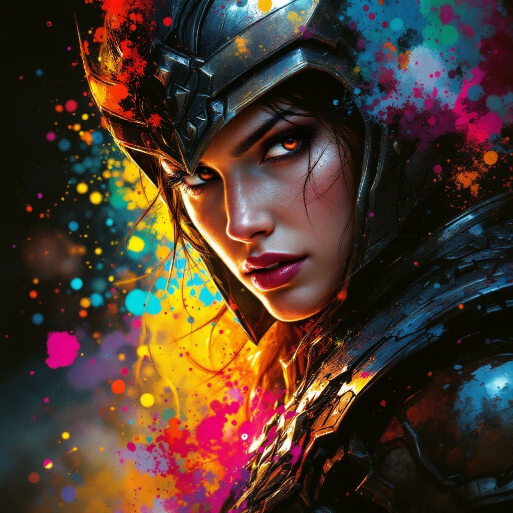 Warrior Woman Concept Art with Vibrant Paint Explosion