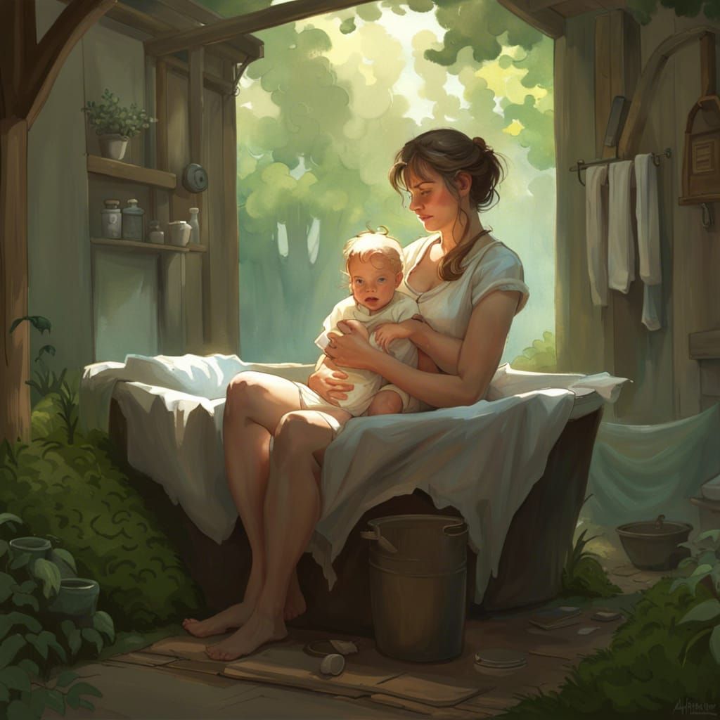 Forest Cottage Wash Day: Art Nouveau Portrait