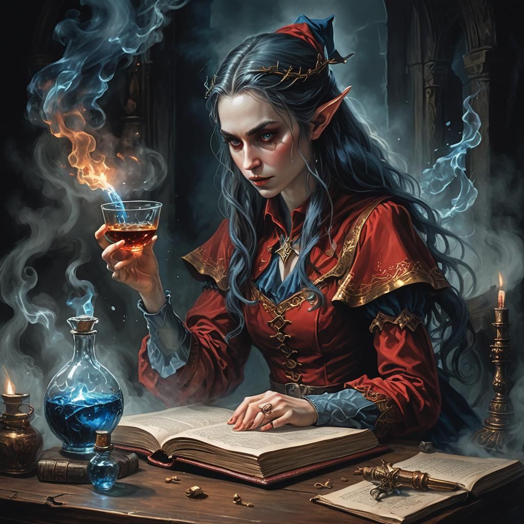 Eerie Elf Concentrating on Spell Book