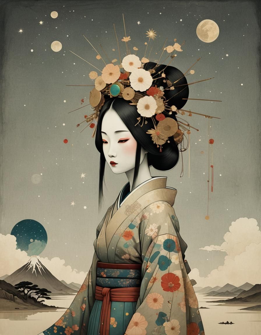 Surreal Celestial Geisha in Glitchcore Style