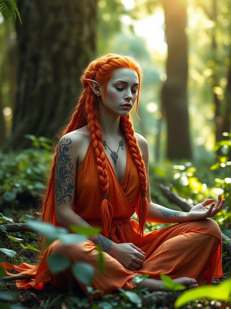 Enchanted Forest Scene with Orange-Haired Elf