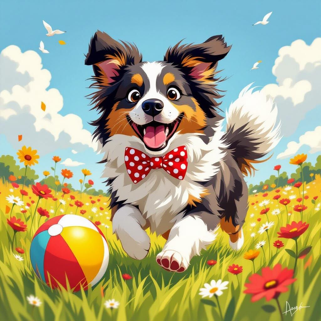 Fluffy Dog Chasing Beach Ball in Whimsical Style