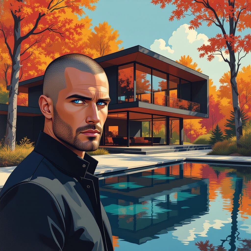 Intense Man by Modern House in Oil Painting Style