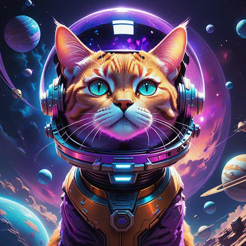 Sleek Space-Suited Cat Surrounded by Iridescent Nebula