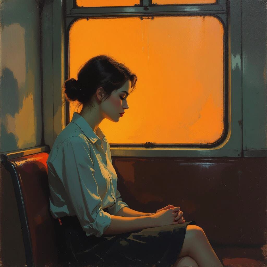 Eerie Train Journey: Woman in the Style of Oil Painting