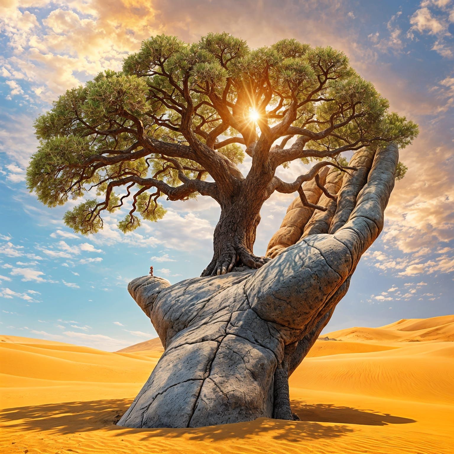 Dramatic Desert Tree Blooms on a Gigantic Stone Hand