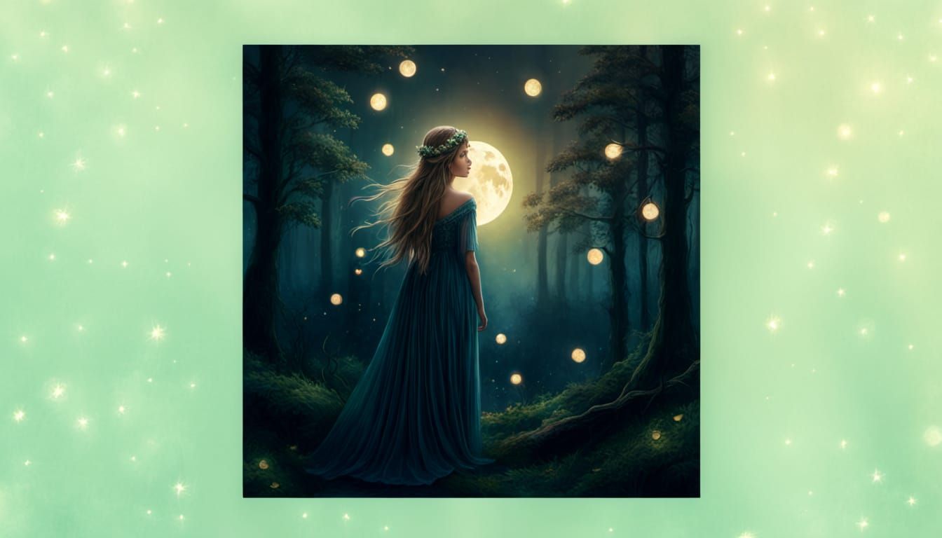 Mysterious Woman in Moonlit Forest, Watercolor Style