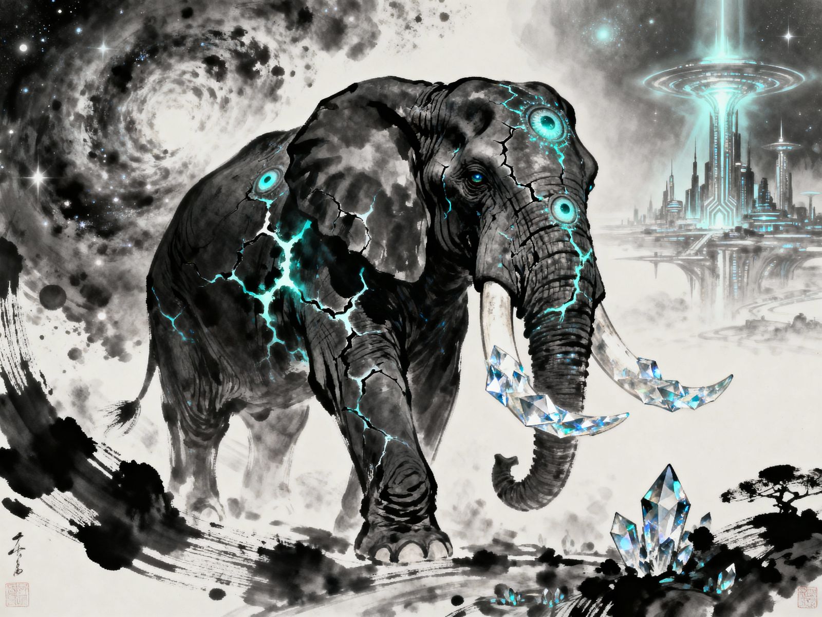 Cosmic Elephant Creature in Swirling Nebula