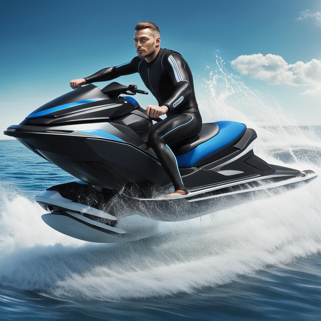 Slavic Man on Jet Ski in Photorealistic Style