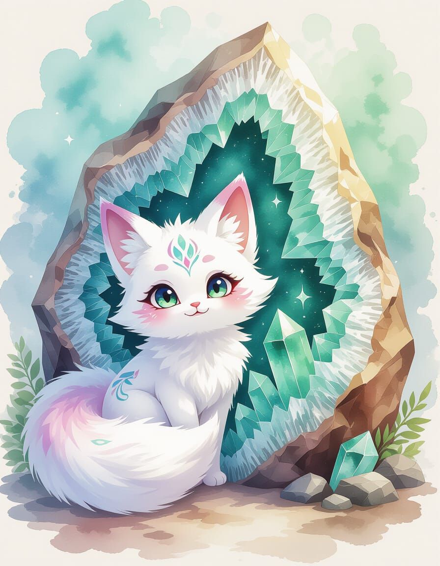 Kitsune Peeks from Emerald Geode, Fantasy Concept Art