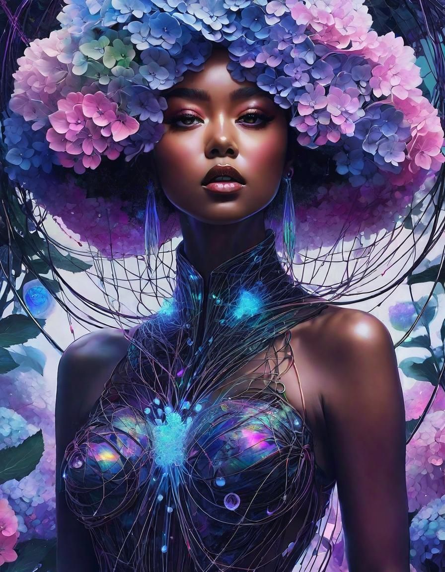 Surreal Hydrangea Face in Techno Mixed Media