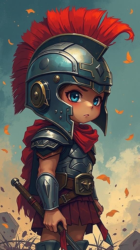 Chibi Spartan warrior in a dynamic battle pose, clad in intr...