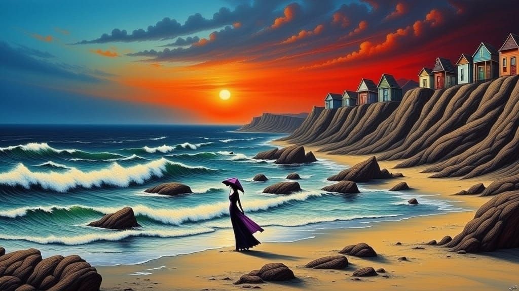 Surreal Seaside Scene in Style of Ernst and Dali