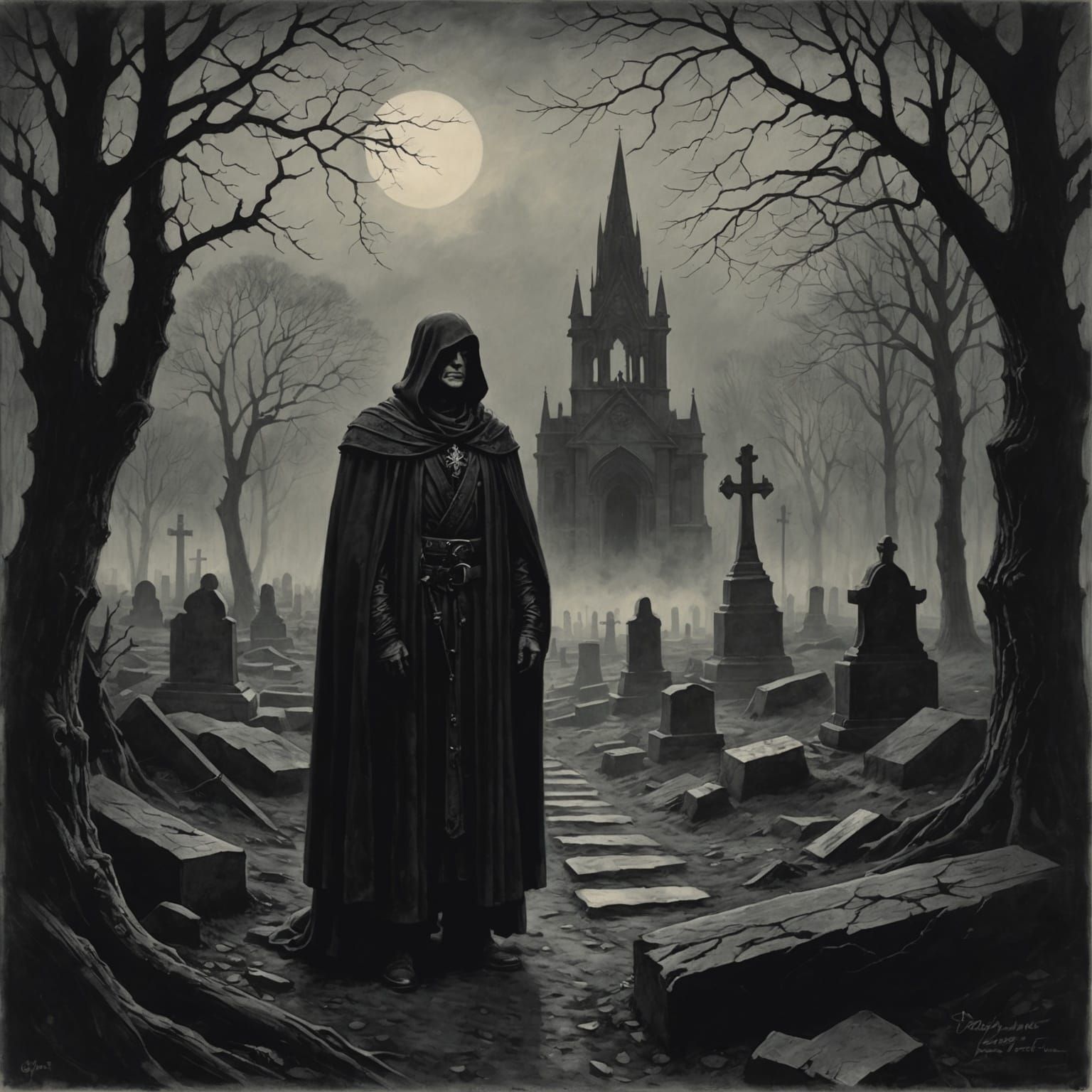 Mysterious Grave: Charcoal Drawing in Maximalist Style