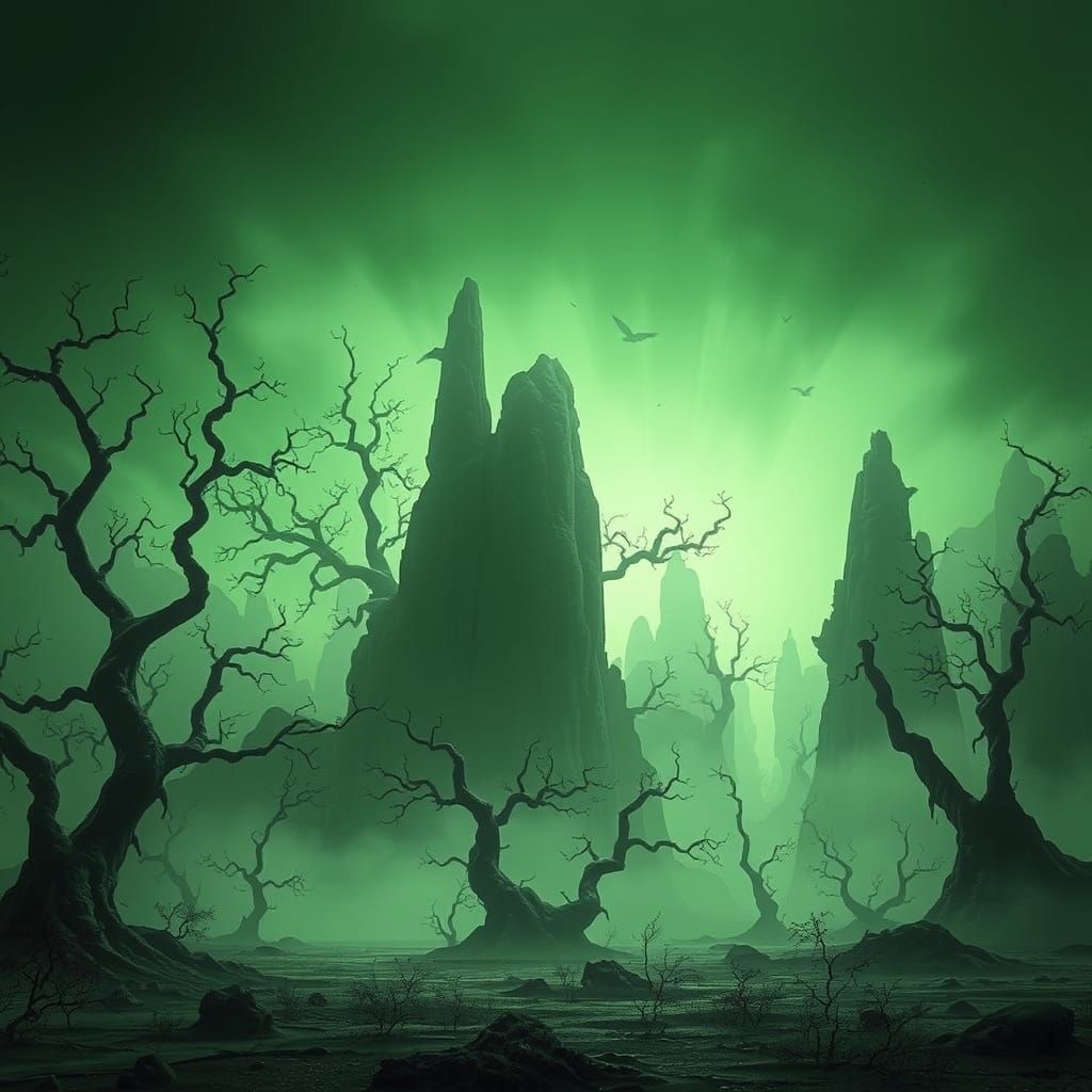 Dreamlike Green Landscape in Monochromatic Hues