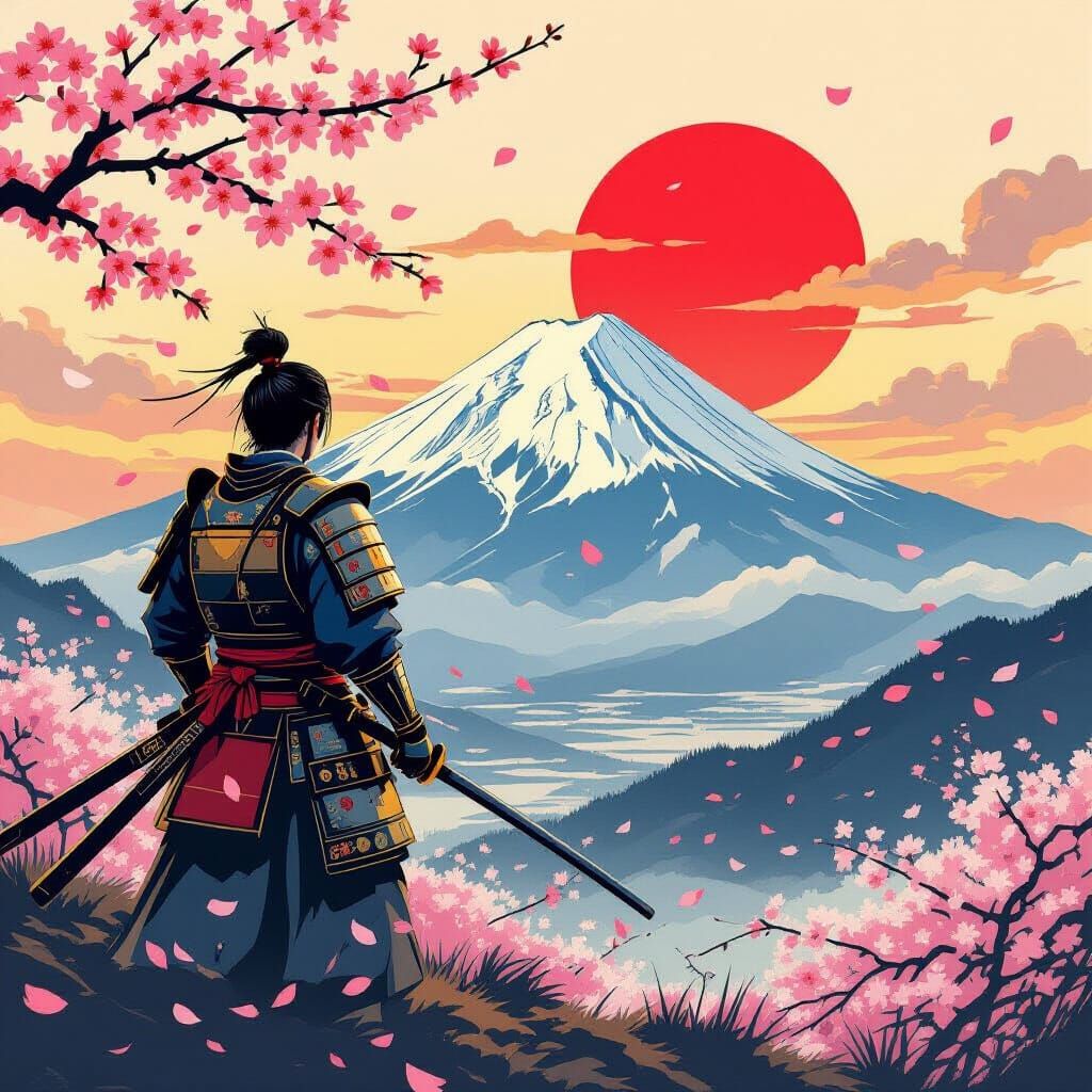 Samurai Silhouette at Mount Fuji Sunrise