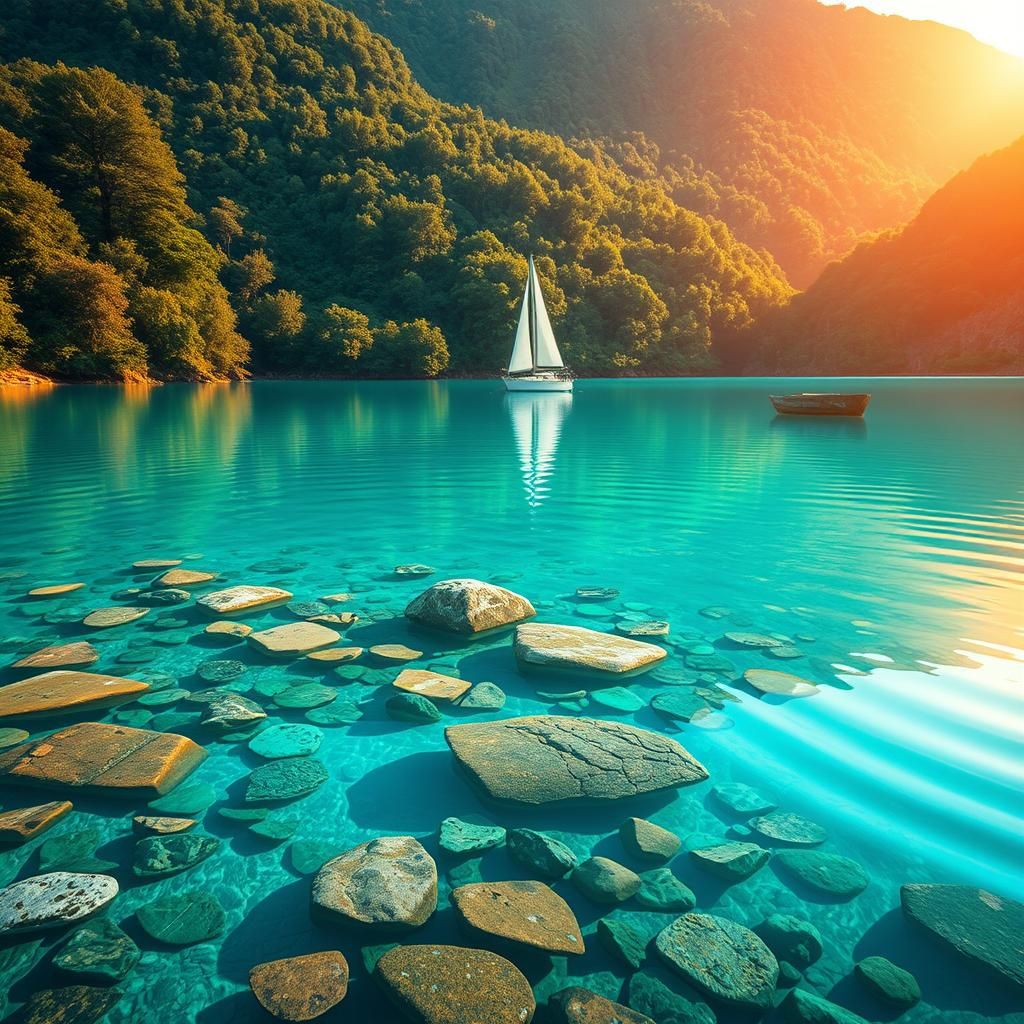 Emerald Lake with Sailboat in Synthwave Style