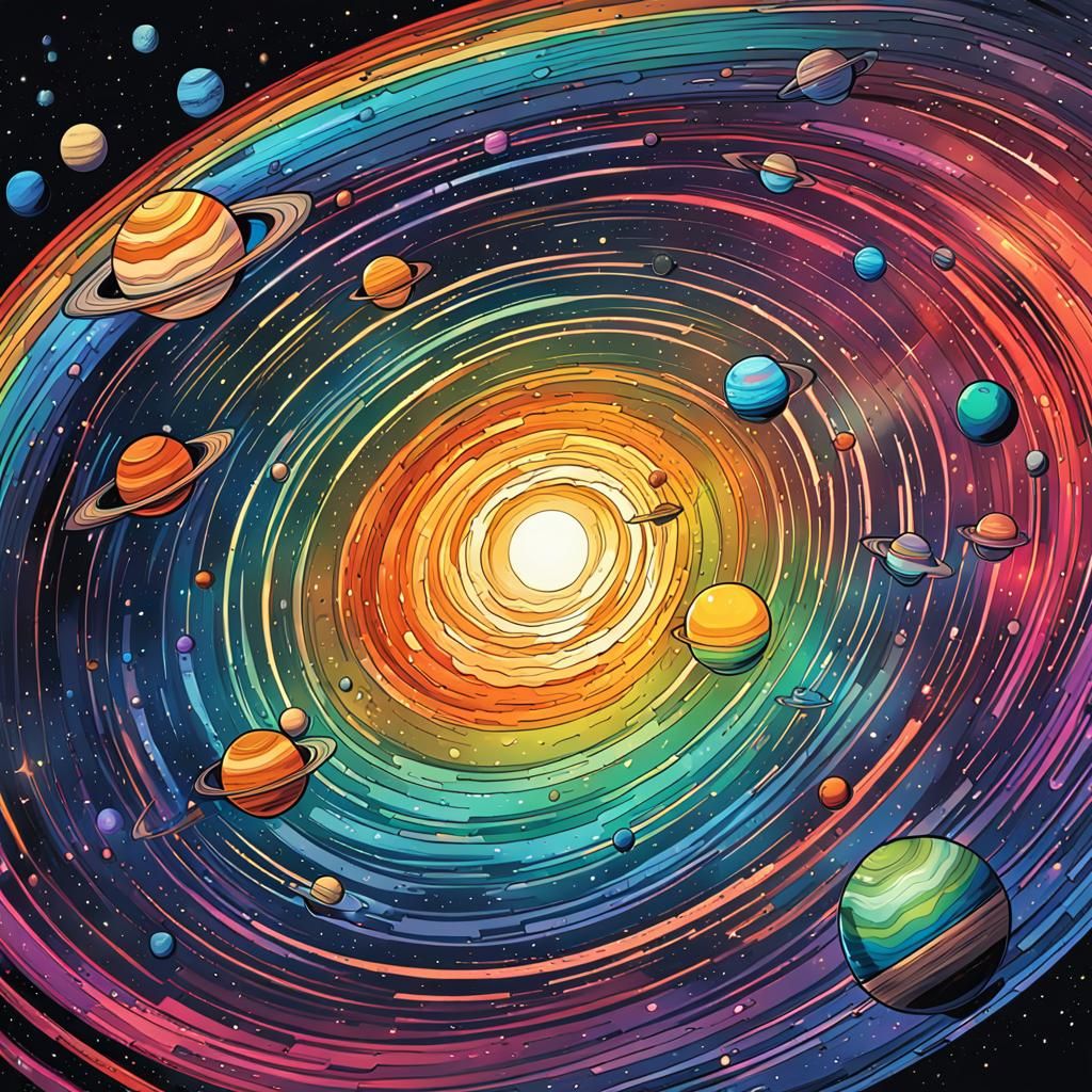 Rainbow Solar System in Comic Book Style