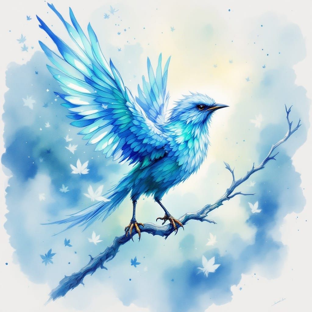 Whimsical Watercolor Bird in Ethereal Fantasy Style
