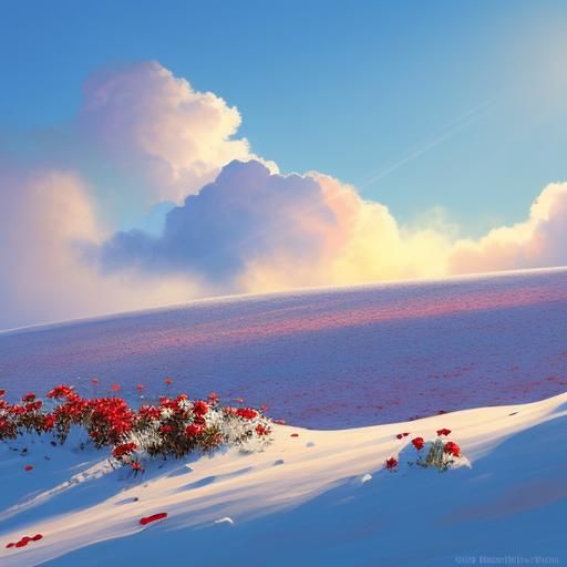 Red Roses Bloom in Snow Under Pastel Sky