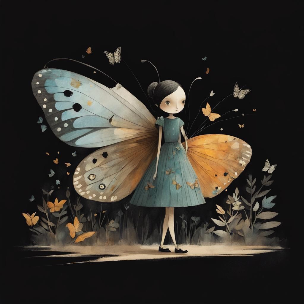 Girl in Butterfly Dress Amidst Cosmos Flowers