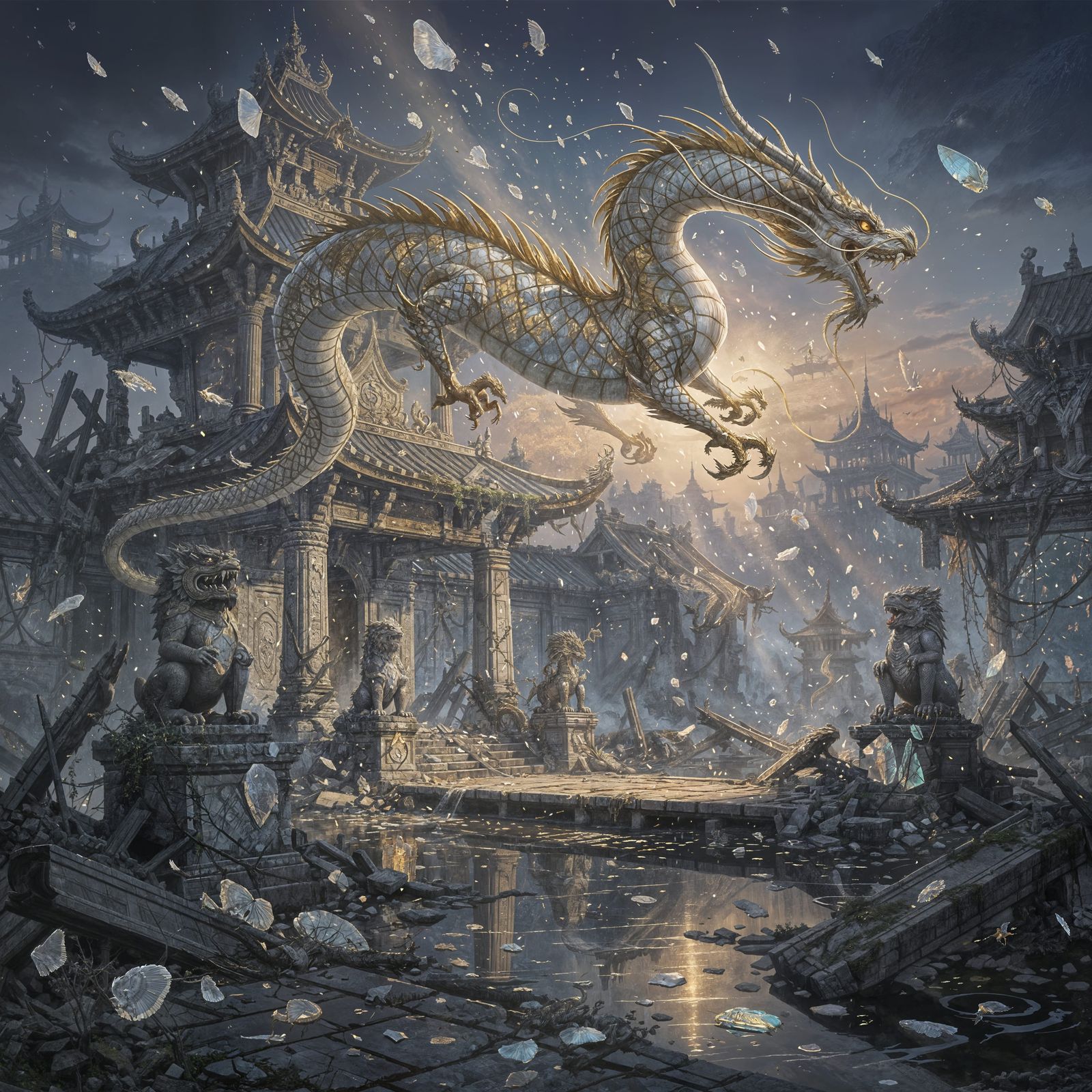 Majestic Gold and Silver Dragon Over Ancient Temple Ruins