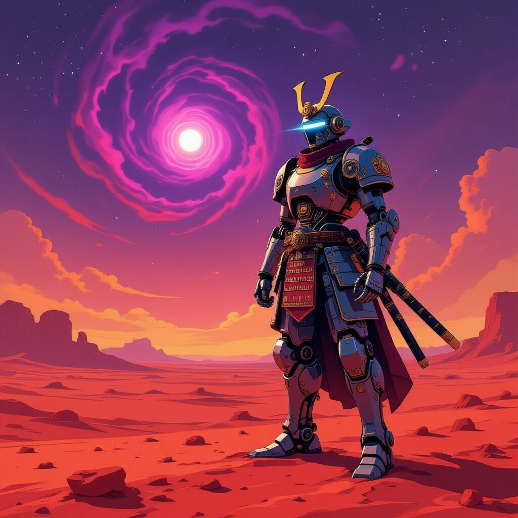 Victorian Clockwork Samurai Robot on Mars in Moebius Style