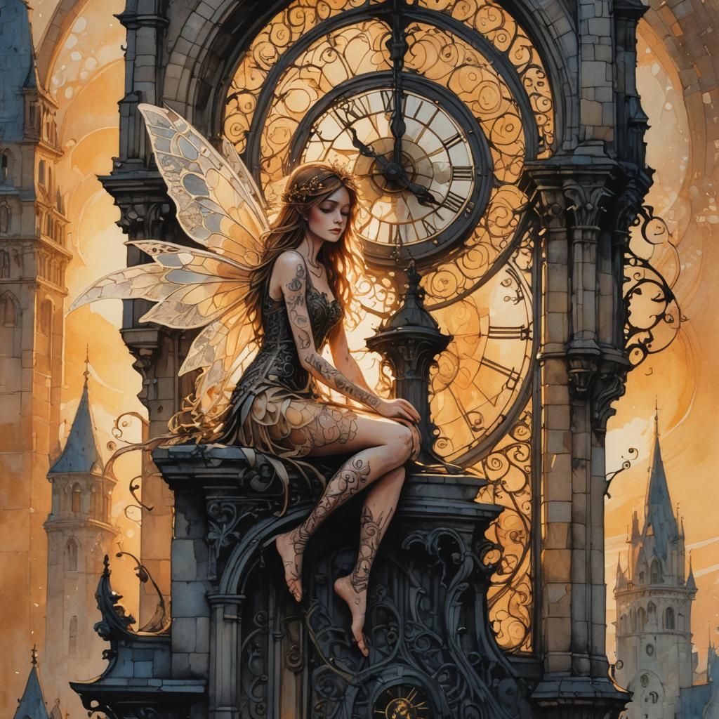 Eerie Fairy on Gothic Clock Tower in Ink Painting