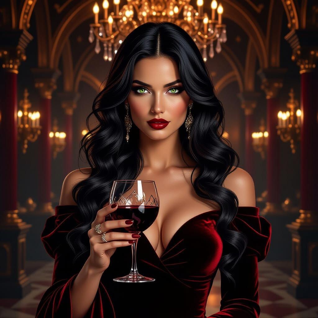 Seductive Woman in Crimson Velvet Holding Wine in Opulent Ba...
