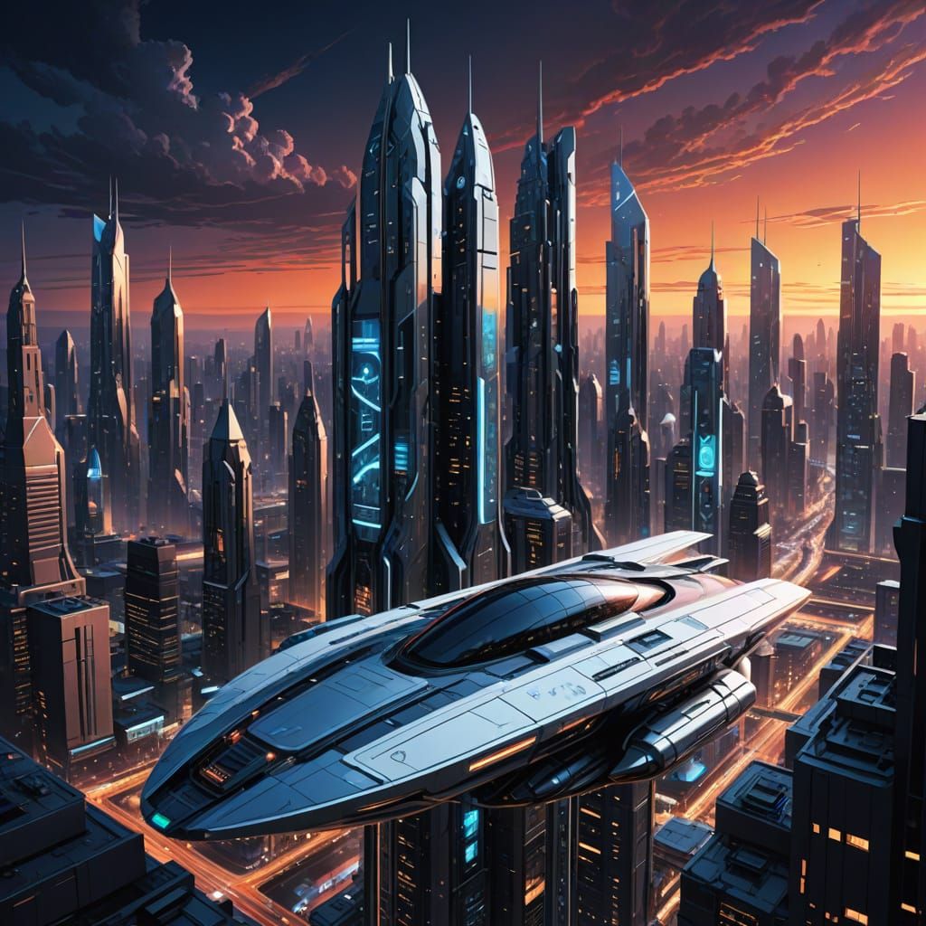 Surreal Cityscape of Futuristic Alien Space Ship Landing