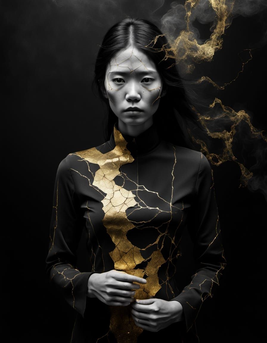Surreal Kintsugi Figure Portrait in Monochrome with Gold