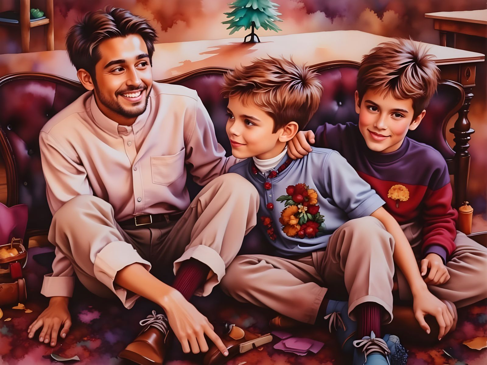 Magical 1960s Christmas Scene with Glowing Neon Tree