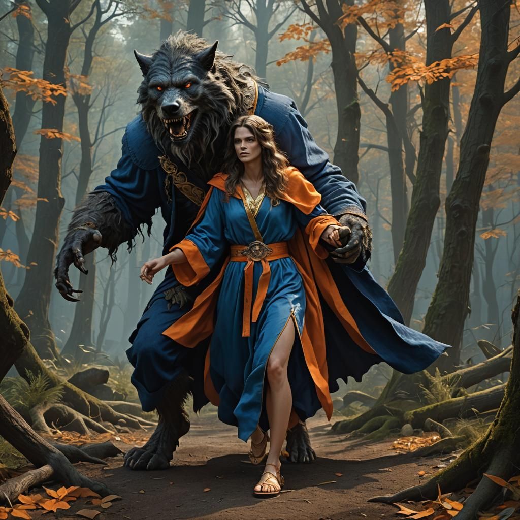 A woman and her lover in the form of a werewolf