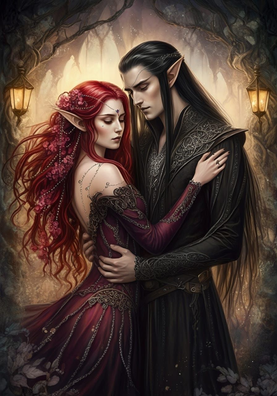 Ethereal Elven Lovers in a Gothic, Vintage-Inspired Landscap...