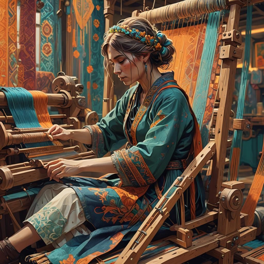 Woman Weaving Car Tapestry: Art Nouveau Concept