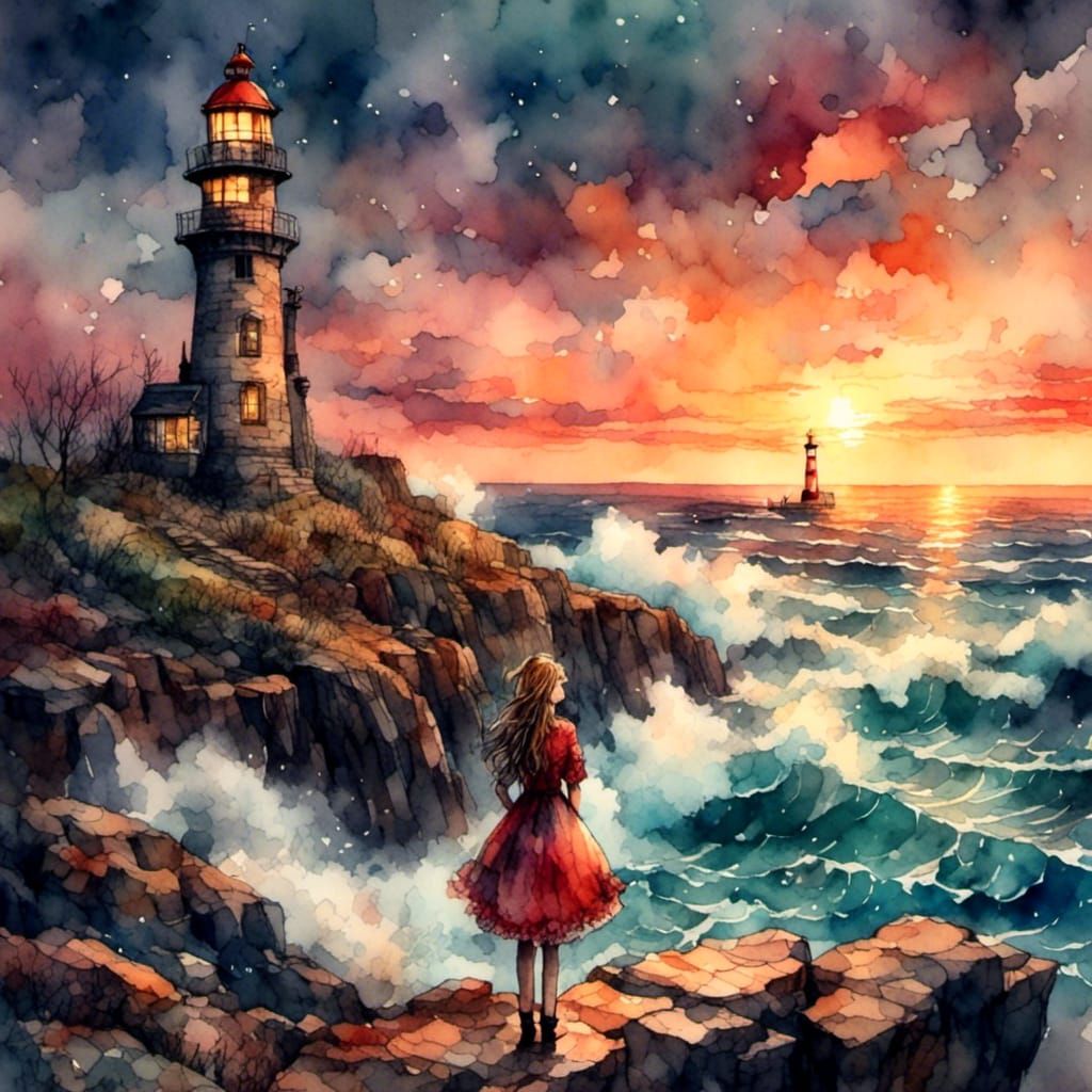 Vintage Lighthouse View in Antique Watercolor Style