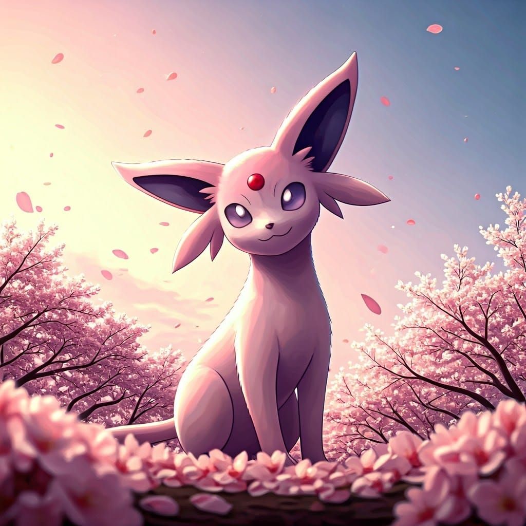 Whimsical Pink Espeon in Cherry Blossom Wonderland