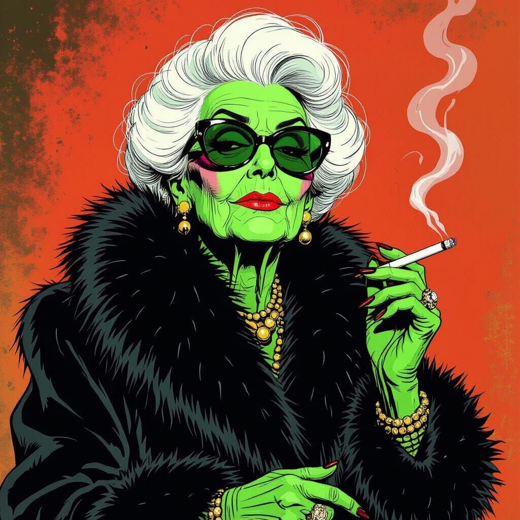 Stylized Illustration of Green-Faced Woman with Cigarette