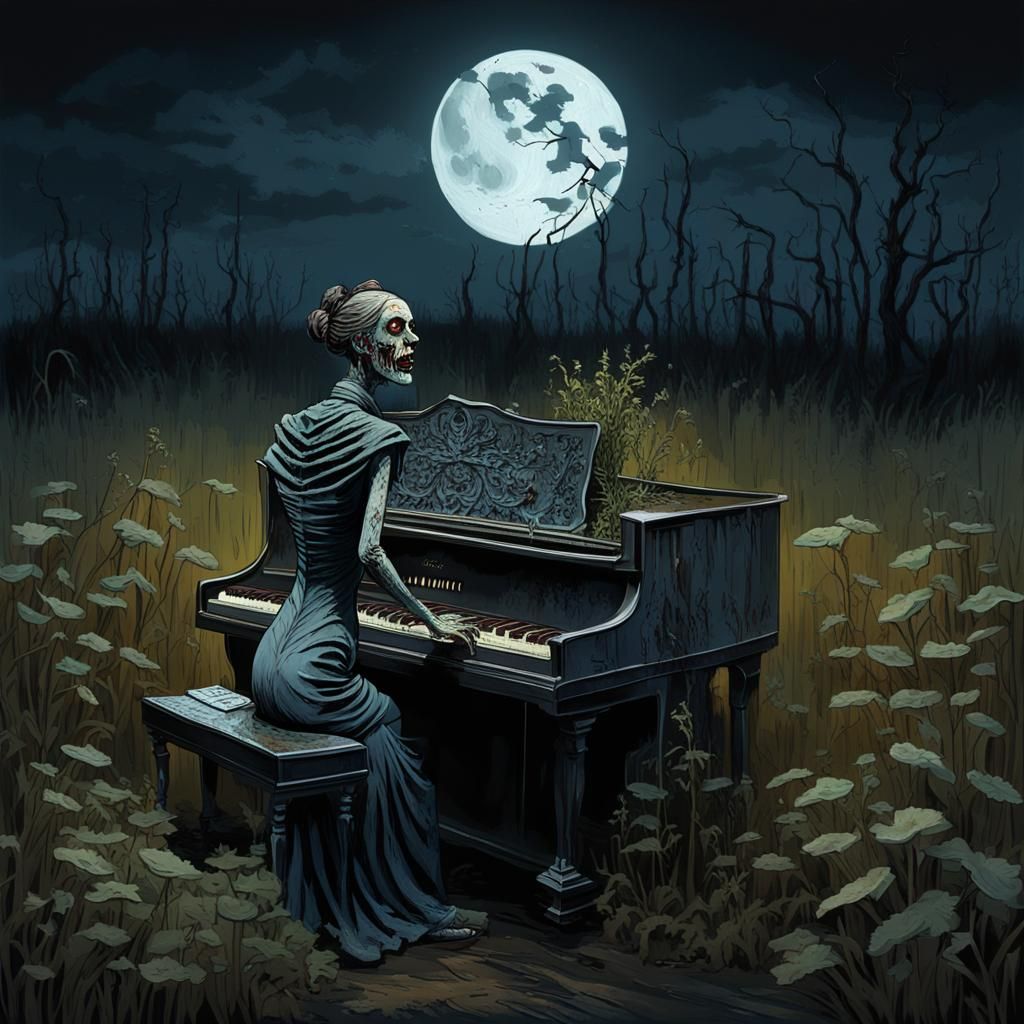 Creepy Zombie Woman Plays Piano at Night