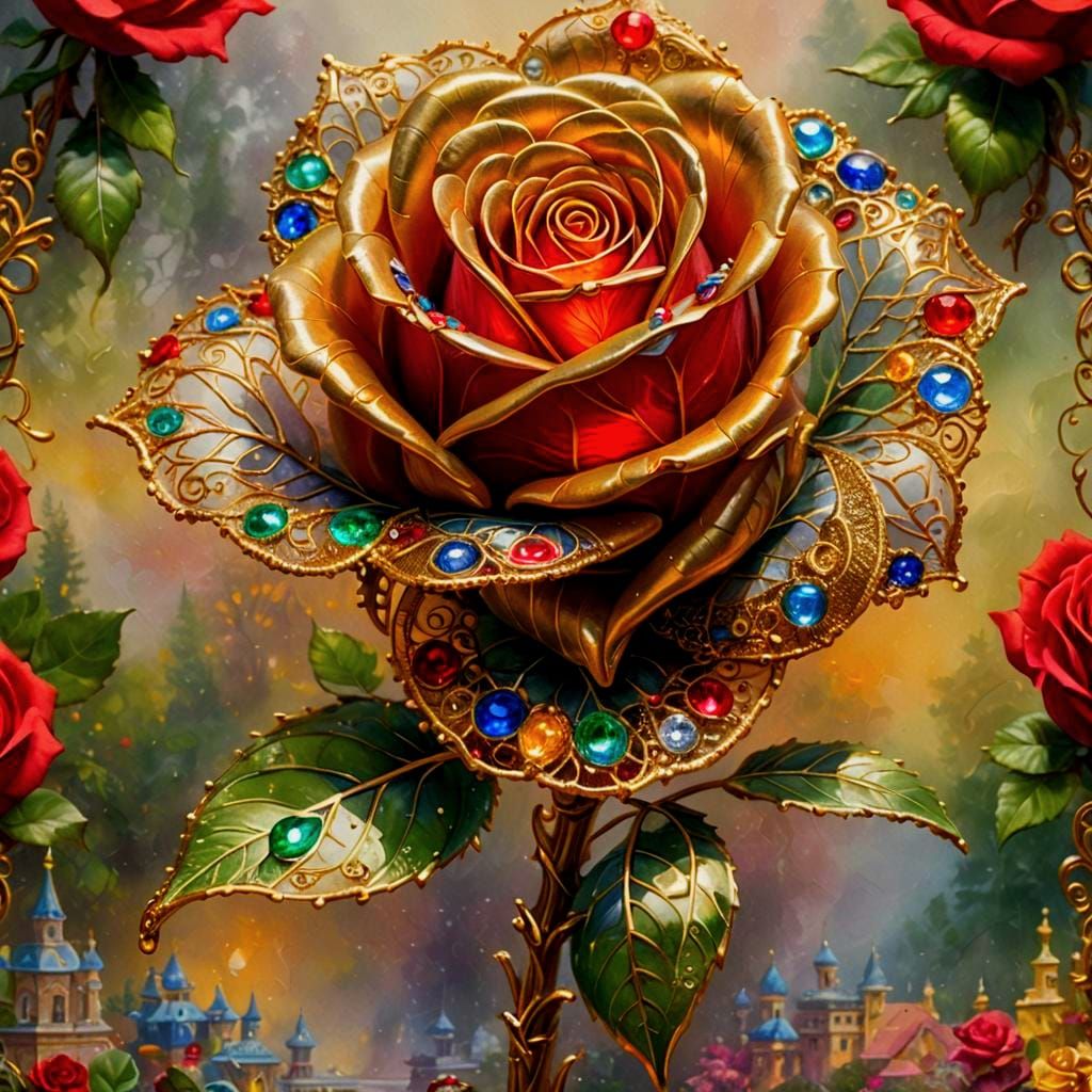 Gold Metal Rose with Lace Filigree and Gems