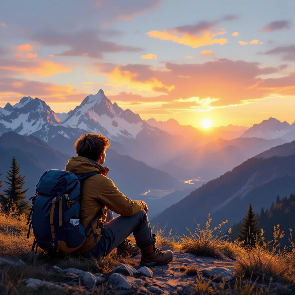 Hiker Gazing at Mountain Sunset Landscape