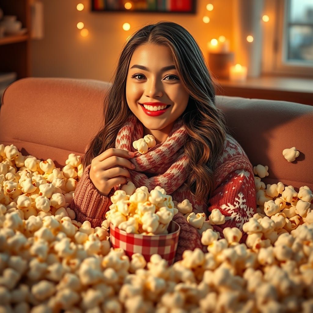 Whimsical Winter Wonderland with Cozy Woman and Popcorn