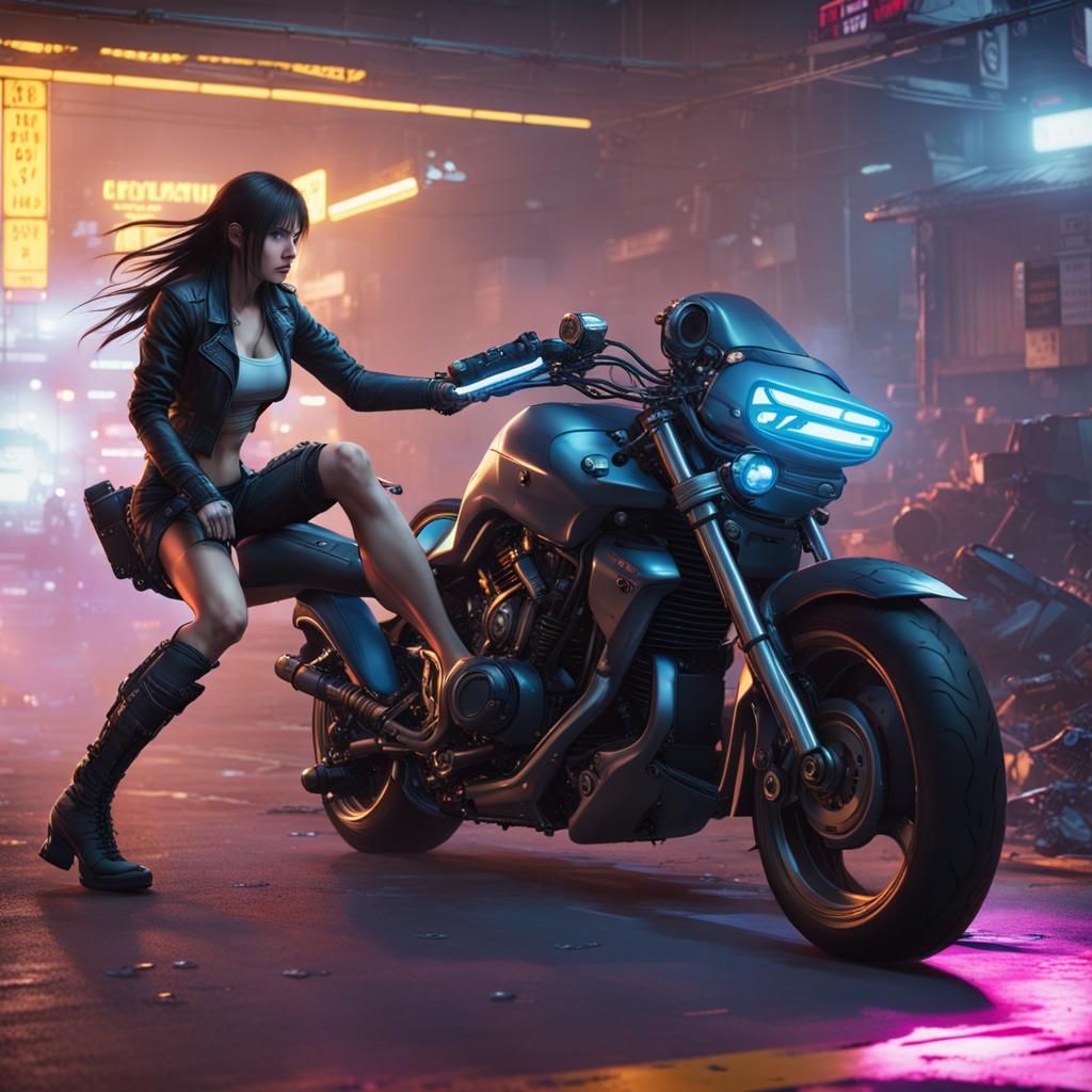 Android Motorcycle Crash in Cyberpunk Style