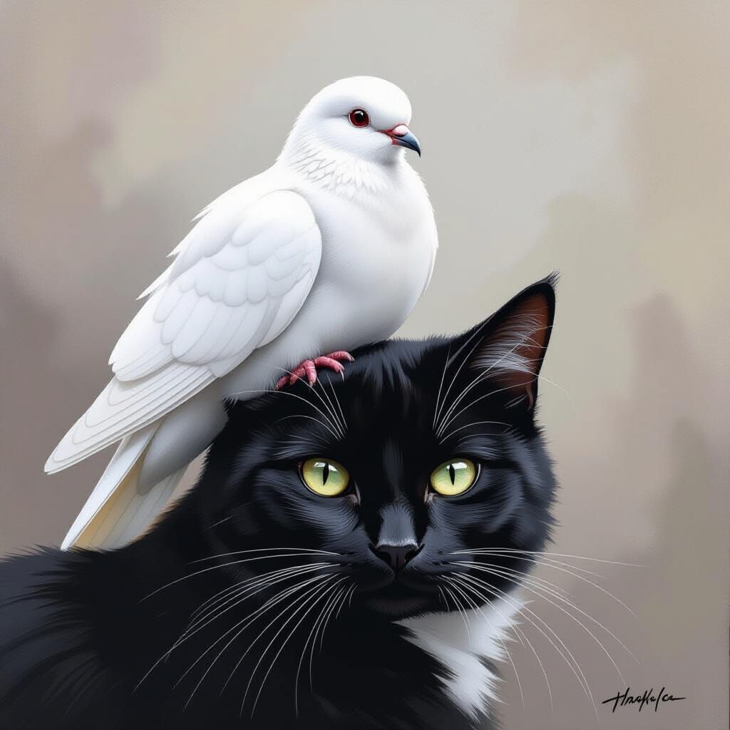White Dove Perched on Black and White Cat