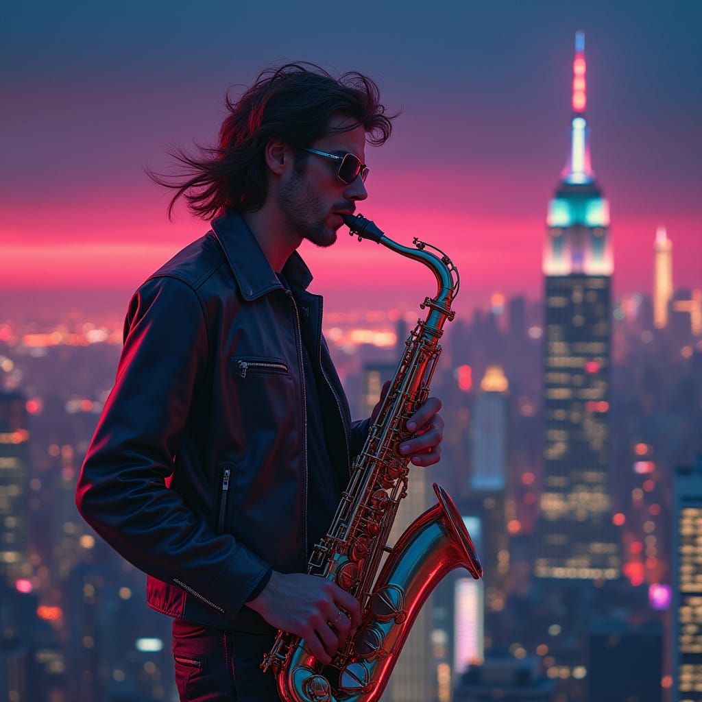 Synthwave Saxophonist Overlooking Neon Metropolis