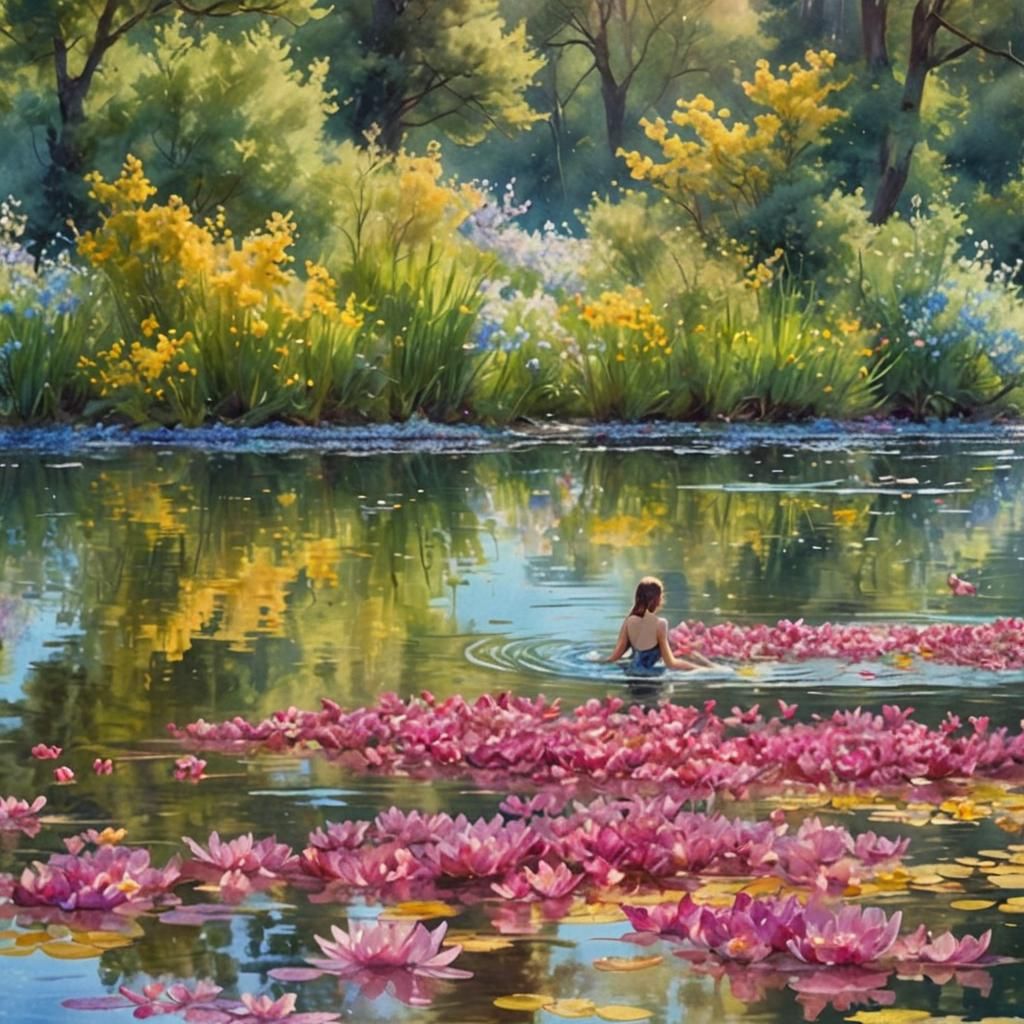 Humans Swimming in Flower Lake: Watercolor Fantasy Art