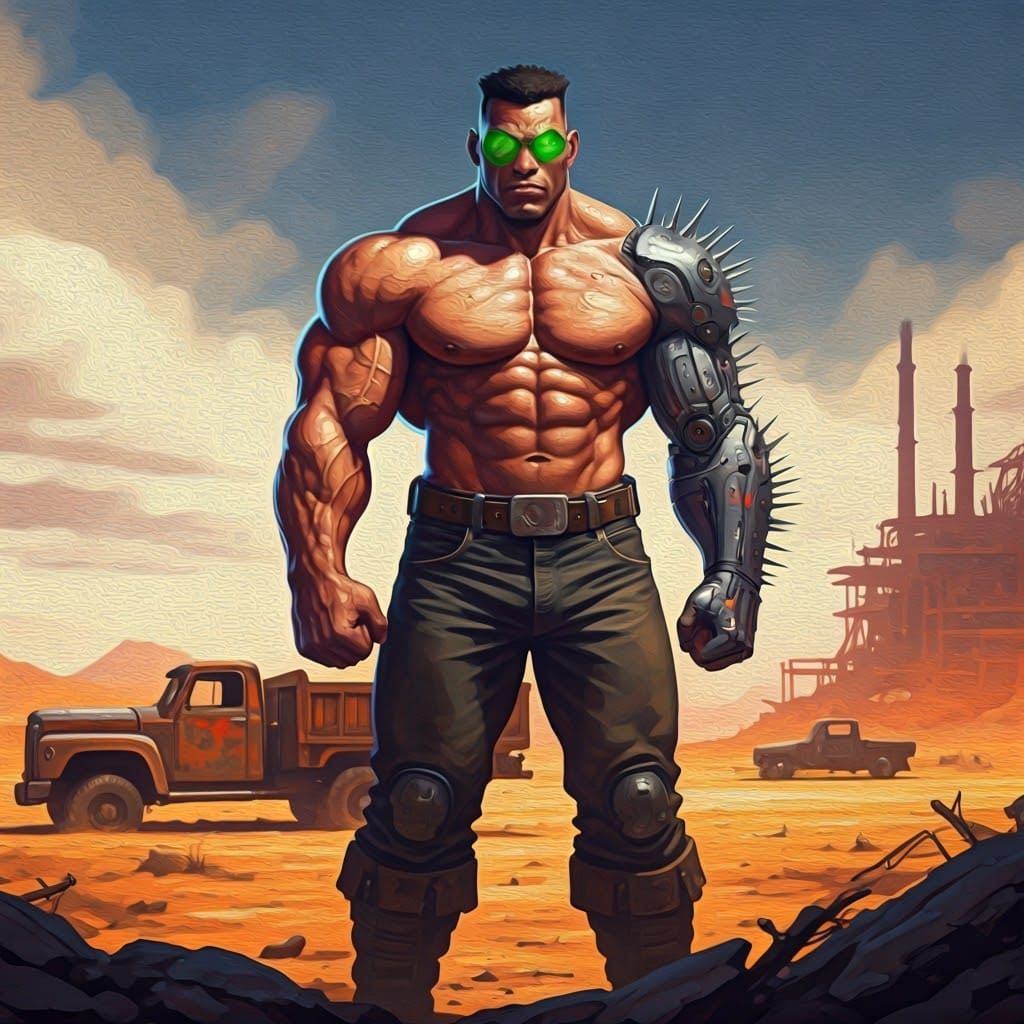 Cyborg Warrior in Ruins, Neo-Expressionist Oil Painting